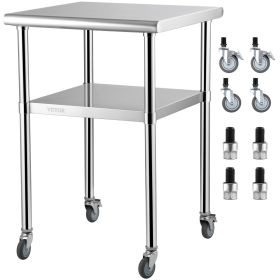 VEVOR Stainless Steel Prep Table, 24 x 24 x 36 Inch, 600lbs Load Capacity Heavy Duty Metal Worktable with Adjustable Undershelf & Universal Wheels