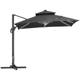 10FT Cantilever Patio Umbrella with Solar LED Lights, Double Top Square Outdoor Offset Umbrella with 360Â° Rotation, 4-Position Tilt