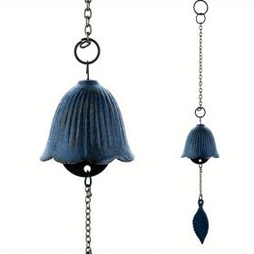 1pc, Creative Japanese Cast Iron Wind Chime Hanging Decoration, Metal Retro Hanging Leaf Bell, Balcony Outdoor Garden Hanging Decoration (Color: Blue)