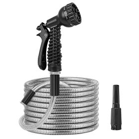 25FT/50FT/100FT Heavy Duty Stainless Steel Garden Hose Garden Watering Kit Metal Water Hose with 2 Nozzles 12 Patterns Flexible Extendable Kink Tangle (Length: 50ft)