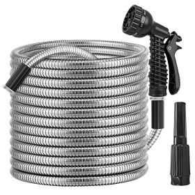 25FT/50FT/100FT Heavy Duty Stainless Steel Garden Hose Garden Watering Kit Metal Water Hose with 2 Nozzles 12 Patterns Flexible Extendable Kink Tangle (Length: 100ft)