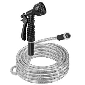 25FT/50FT/100FT Heavy Duty Stainless Steel Garden Hose Garden Watering Kit Metal Water Hose with 2 Nozzles 12 Patterns Flexible Extendable Kink Tangle (Length: 25ft)